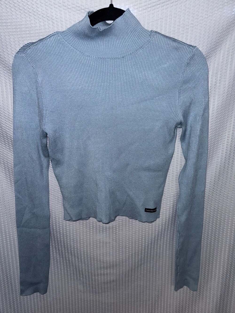 Calvin Klein Jeans Ribbed Mock Neck Long Sleeve Crop Top Blue